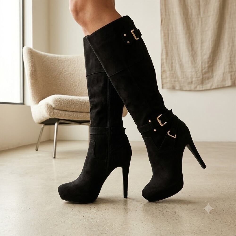 Guess Destynn2 faux suede knee-high boots gold-tone buckles stiletto heel 9.5